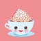 Cute blue Kawai cup with pink cheeks and eyes, coffee with cream and chocolate sprinkls on pink background. Vector