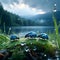 Cute Blue Ladybugs Resting in the Grass During Light Rain with a Lake in the Background