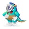 Cute blue monster conducting research, holding a magnifying glass