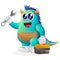 Cute blue monster holding spanner and tolls box