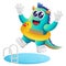 Cute blue monster swimming with wearing rubber duck tube