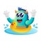 Cute blue monster swimming wearing rubber duck tube