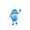 Cute blue monster waving hand, childish cartoon character wear masks to protect from COVID on white