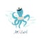 Cute blue octopus in a captain`s cap and lettering Ahoy, captain on white background in a flat style. Illustration for