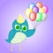 Cute Blue Owl for Birthday Party Design isolated on violet background. Vector Illustration for Your Design, Game, Card.