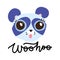 Cute blue panda with big eyes on white backdrop. Hand drawn decorative vector lettering - Woohoo. Kids print for posters