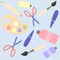 Cute blue pen, scissors, palette, pencil, brush, paints vector flat illustration on blue background. Back to school pattern