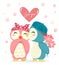 Cute blue penguin boy with flower kiss happy pink penguin girl with big Love you heart,  pastel flat vector cartoon character