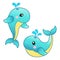 Cute blue sea whales. Vector isolated elements.