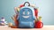 Cute blue smiling backpack with school supplies on blue background. Back to school concept