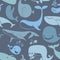 Cute Blue Whales. Marine seamless background.