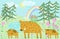 Cute Boar family dad and piglets forest landscape with sky, rainbow and rain
