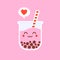 Cute Boba bubble milk tea with tapioca. Pearl milk tea, black delicious pearls is Taiwanese famous. Popular drink. Vector