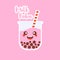 Cute Boba bubble milk tea with tapioca. Pearl milk tea, black delicious pearls is Taiwanese famous. Popular drink. Vector