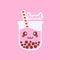 Cute Boba bubble milk tea with tapioca. Pearl milk tea, black delicious pearls is Taiwanese famous. Popular drink. Vector