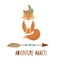Cute boho fox kids illustration. Tribal animal fox sign, tattoo. Adventure awaits. Boho arrow. Travel poster. Vector