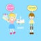 Cute bookworm boy and girl with I love book and reading text box speech bubble in blue background