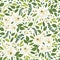 Cute botanical floral seamless pattern background with bouquets of rustic white roses flowers and green leaves branches