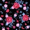 Cute bouquets of large crimson and small pink roses with blue leaves on  black background with tiny white polka dots