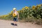 Cute boy 4-5 years old in a yellow hat and shorts with a sunflower in hands stands near field of blooming sunflowers