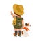 Cute Boy with Backpack as Junior Scout with Dog Pointing Finger Vector Illustration