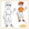 Cute boy in baseball suit with ball and bat colpr and outlined for coloring page