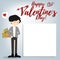 Cute boy with beautiful bouquet in happy moment, white frame and Happy Valentine`s Day text.