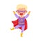 Cute Boy with Blonde Hair Wearing Superhero Costume and Waving Hand Vector Illustration