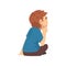 Cute Boy in Blue T-Shirt Sitting on Floor and Listening Carefully, Little Preschool Kid Character Vector Illustration
