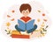 A cute boy with a book sits on books and dreams. Cartoon autumn illustration, children\\\'s print vector