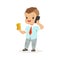 Cute boy businessman talking on smartphone and holding stack of gold coins in his hand, kids savings and finance