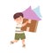 Cute boy carrying cardboard box with pillows. Family moving to new apartment cartoon vector illustration