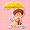 Cute boy cartoon character holding umbrella sticker style