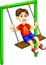 Cute boy cartoon play swing with laughing