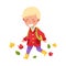 Cute Boy Character in Rubber Boots and with Backpack Running Among Fallen Leaves Vector Illustration