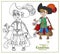 Cute boy in costume cat in boots with a mouse in hand color and outlined for coloring page