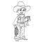 Cute boy in cowboy costume outlined for coloring page
