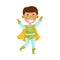 Cute Boy with Dark Hair Wearing Superhero Costume and Waving Hand Vector Illustration