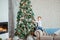 Cute boy decorates the Christmas tree with Christmas balls, gifts under the Christmas tree