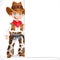 Cute boy dressed as a cowboy with big white blank banner isolated on a white