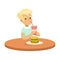 Cute boy drinking a soda through a straw and eating burger, colorful character vector Illustration