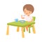 Cute Boy Eating Breakfast at the Table, Preschool Kid Daily Routine Activity Cartoon Vector Illustration