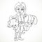 Cute boy elf Santa`s assistant holding underarm large plush toy dog and teddy bear outlined