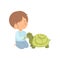 Cute Boy Feeding Turtle with Grass, Kid Interacting with Animal in Contact Zoo Cartoon Vector Illustration