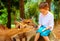 Cute boy feeding young deers from hands. focus on deer