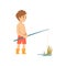 Cute Boy Fishing with Fishing Rod, Little Fisherman Cartoon Character Vector Illustration