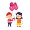 Cute boy with flowers and girl with hearts balloons