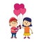 Cute boy with flowers and girl with hearts balloons, colorful design