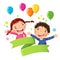 Cute boy and girl with balloon and blank ribbon