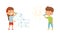 Cute Boy and Girl with Crayon Drawing Horse and Sun on the Wall Vector Set